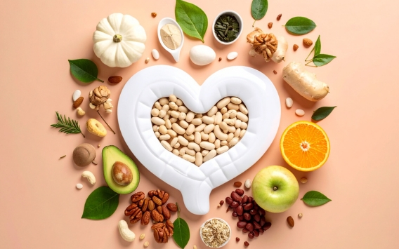 Heart symbol surrounded by various healthy foods, representing the connection between diet, gut health, and ageing.